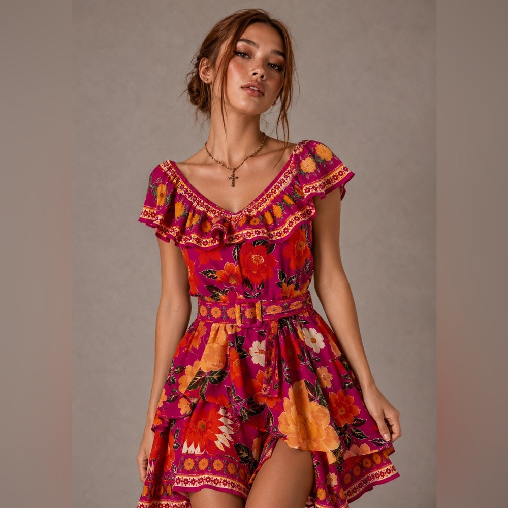 FARM Rio Pink Flowers Tapestry Mini Dress Small Tropical Ruffle